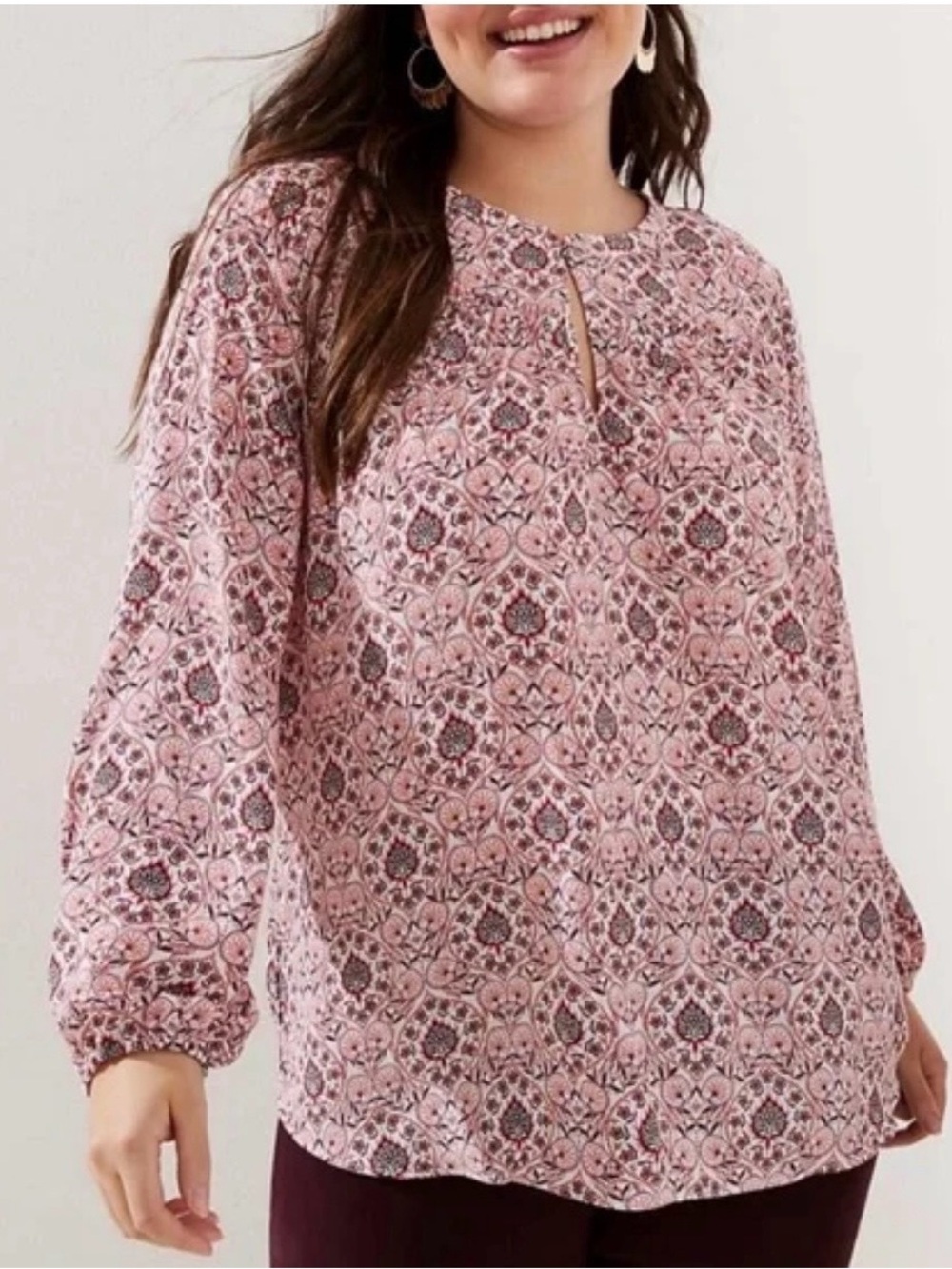LOFT Long Sleeved Top Flora Tile Mixed Media Size M Keyhole Blouse